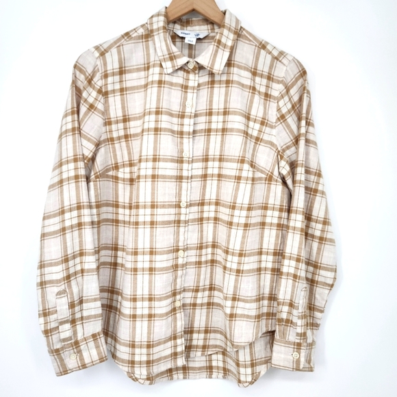 Old Navy Tops - Old Navy Womens The Classic Shirt Size M Tan Ivory Plaid Button Neutral Western